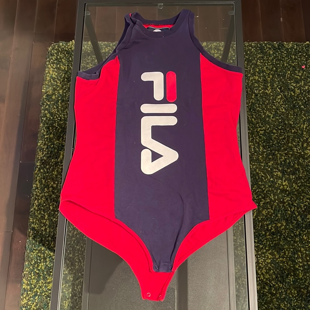 Fila woman’s body suit in black, red and white, size L